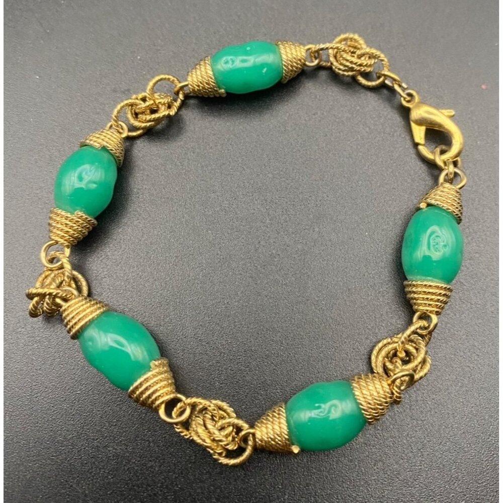 Vintage Bracelet Gold Wire Wrapped Green Glass Bead Knot Accent Lobster Clasp - Picture 2 of 9